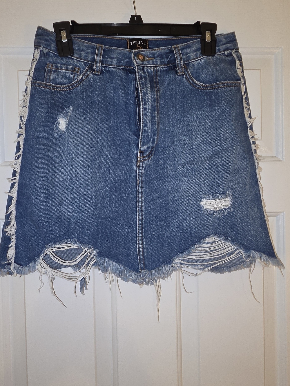 Twelve by Twelve Frayed Distressed Denim Mini Skirt in Blue